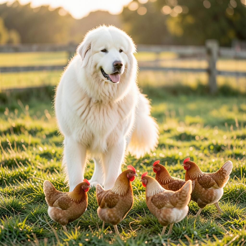 Great Pyrenees guardian dog with chickens