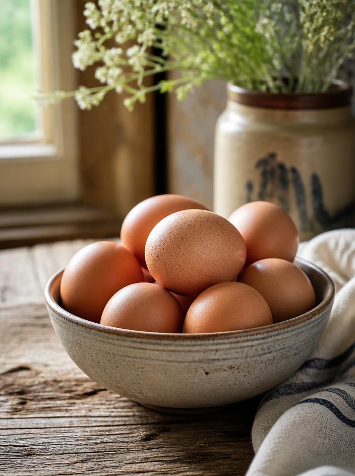 Bowl of free-range brown eggs